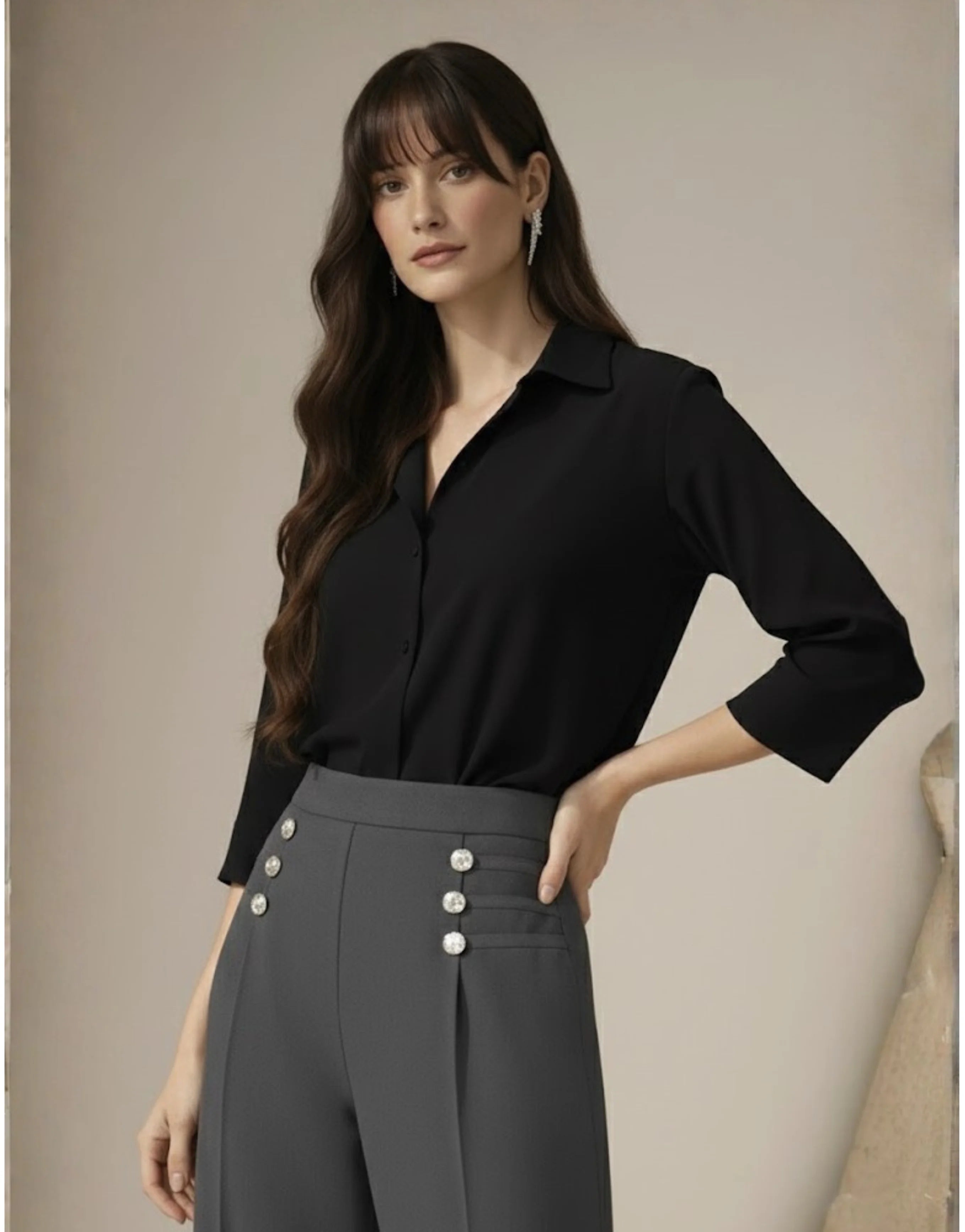 SGW Grey High-Rise Long Trousers with Metallic Buttons - SelectGraceWear