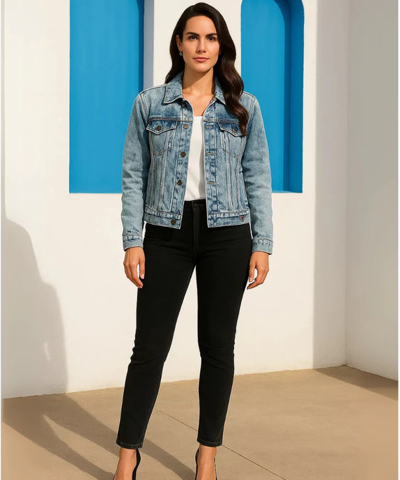 Women’s Casual Acid Wash Denim Jacket – Blue - SelectGraceWear