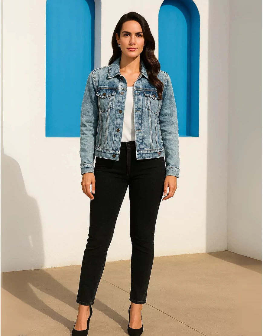 Women’s Casual Acid Wash Denim Jacket – Blue - SelectGraceWear