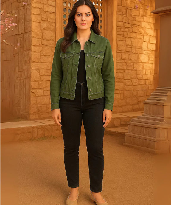 Casual Olive Green Denim Jacket for Women - SelectGraceWear