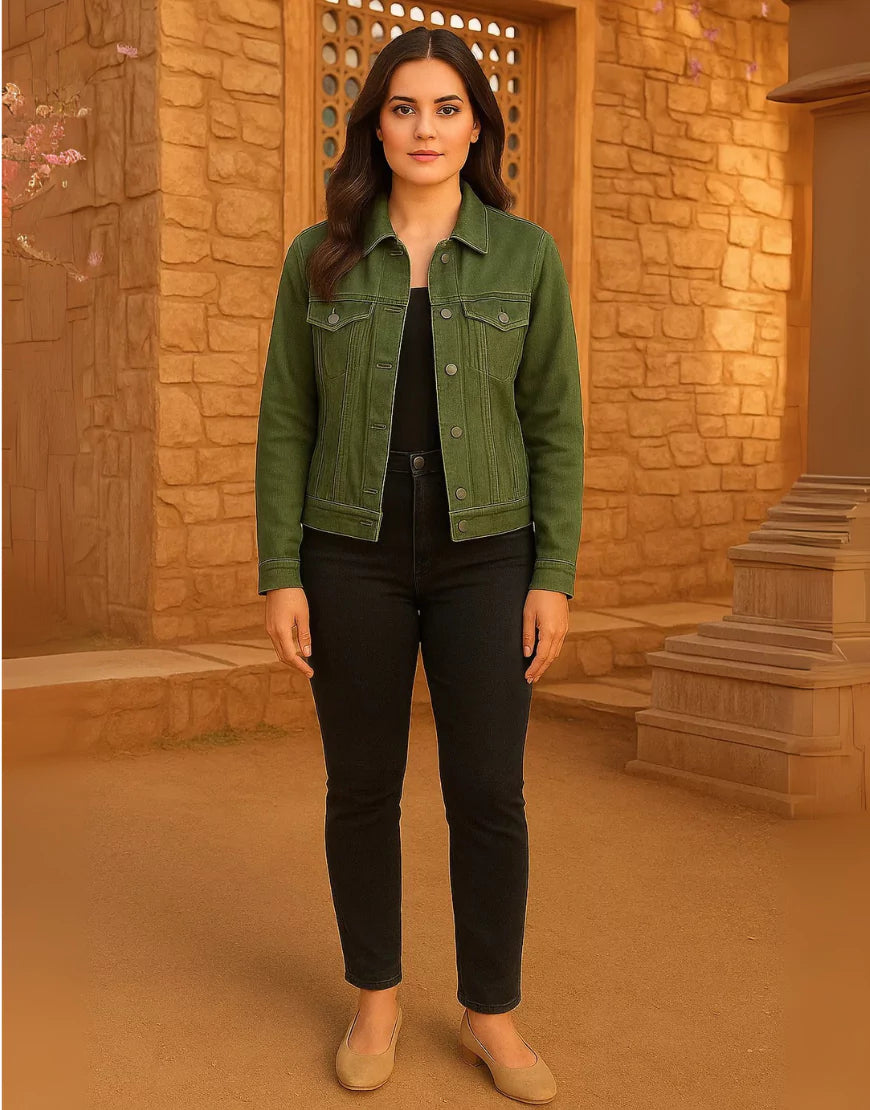 Casual Olive Green Denim Jacket for Women - SelectGraceWear