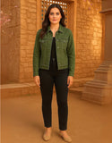 Casual Olive Green Denim Jacket for Women