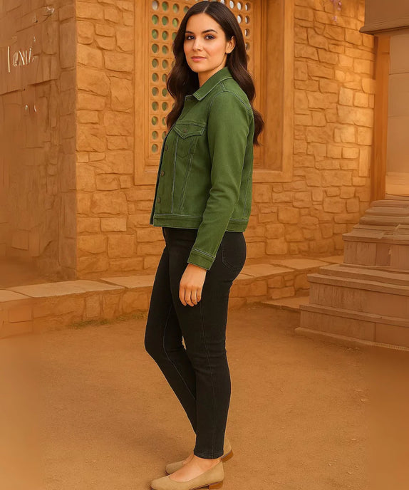 Casual Olive Green Denim Jacket for Women - SelectGraceWear