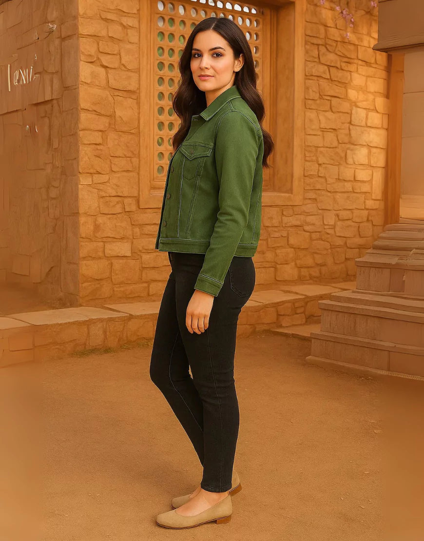 Casual Olive Green Denim Jacket for Women - SelectGraceWear