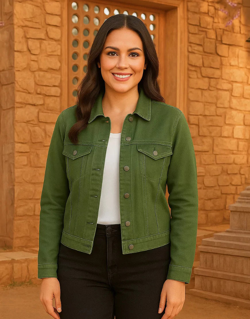 Casual Olive Green Denim Jacket for Women