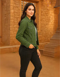 Casual Olive Green Denim Jacket for Women