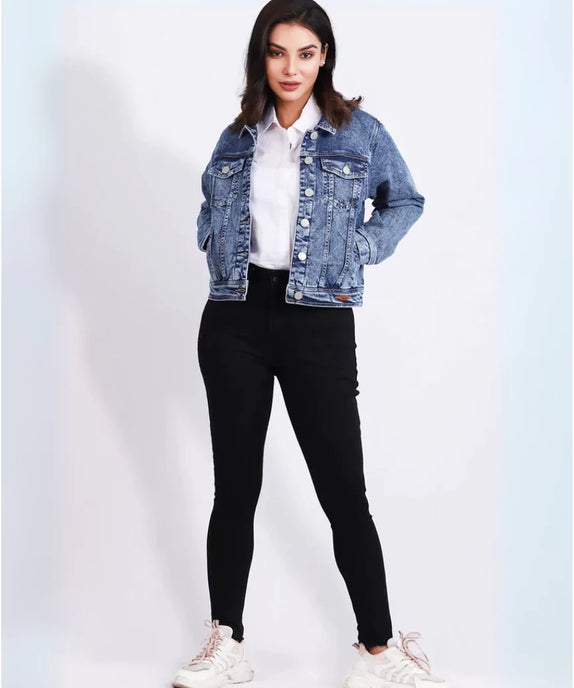 Vintage Women’s Blue Acid-Washed Denim Jacket