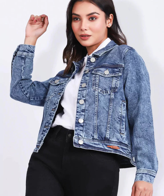 Vintage Women’s Blue Acid-Washed Denim Jacket