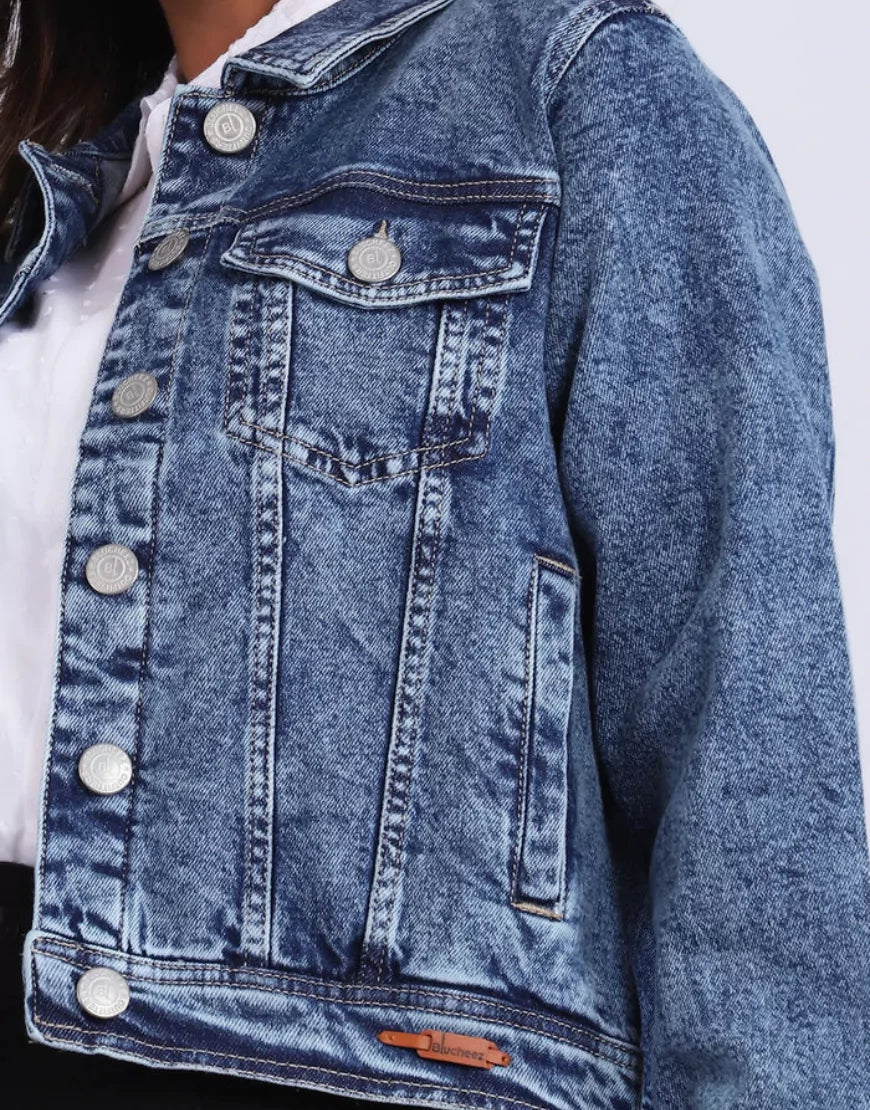 Vintage Women’s Blue Acid-Washed Denim Jacket