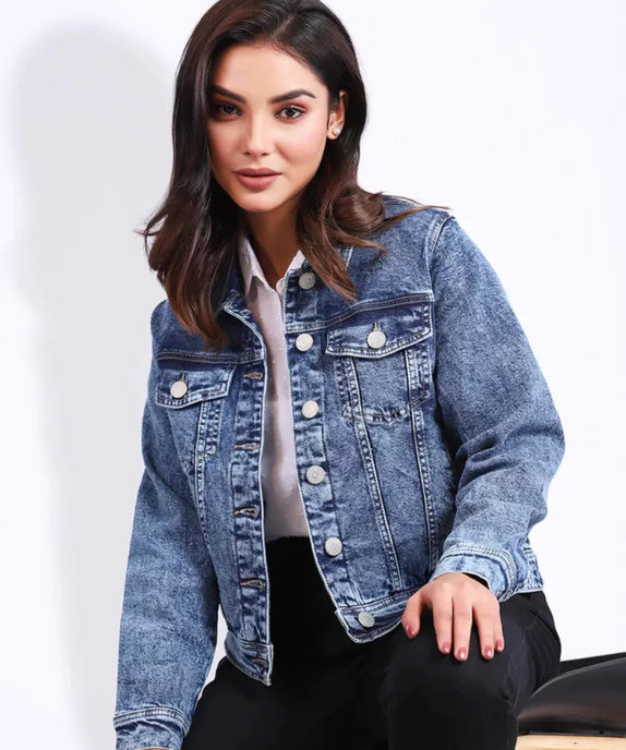 Vintage Women’s Blue Acid-Washed Denim Jacket