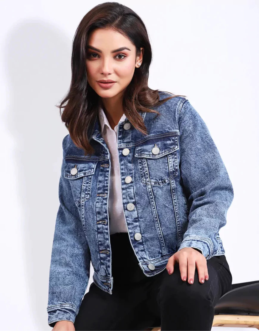 Vintage Women’s Blue Acid-Washed Denim Jacket