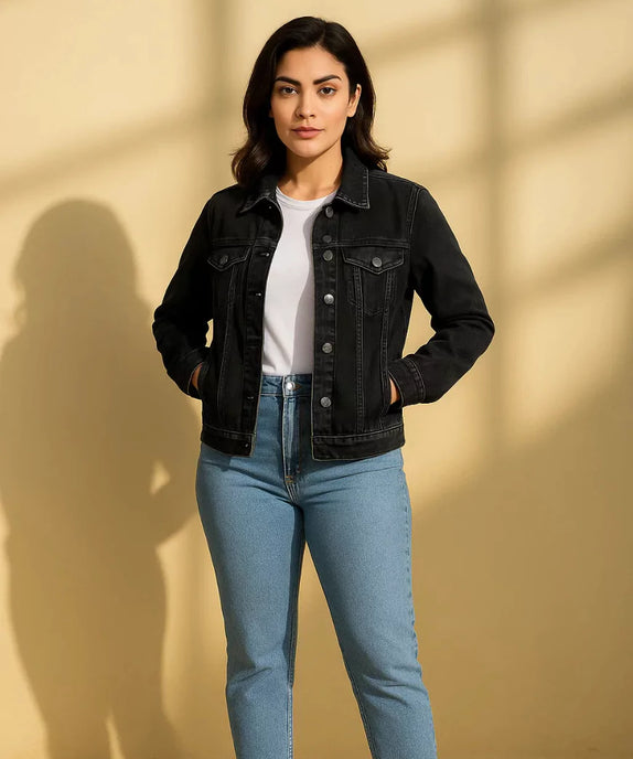 Trendy Black Denim Jacket for Women