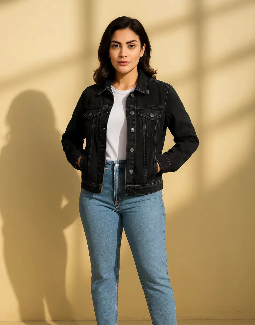 Trendy Black Denim Jacket for Women