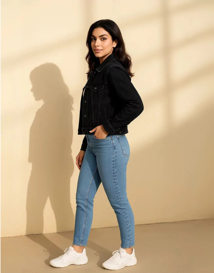 Trendy Black Denim Jacket for Women