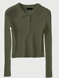 SGW Olive Green V Neck Knit Shirt - Half Button