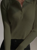 SGW Olive Green V Neck Knit Shirt - Half Button