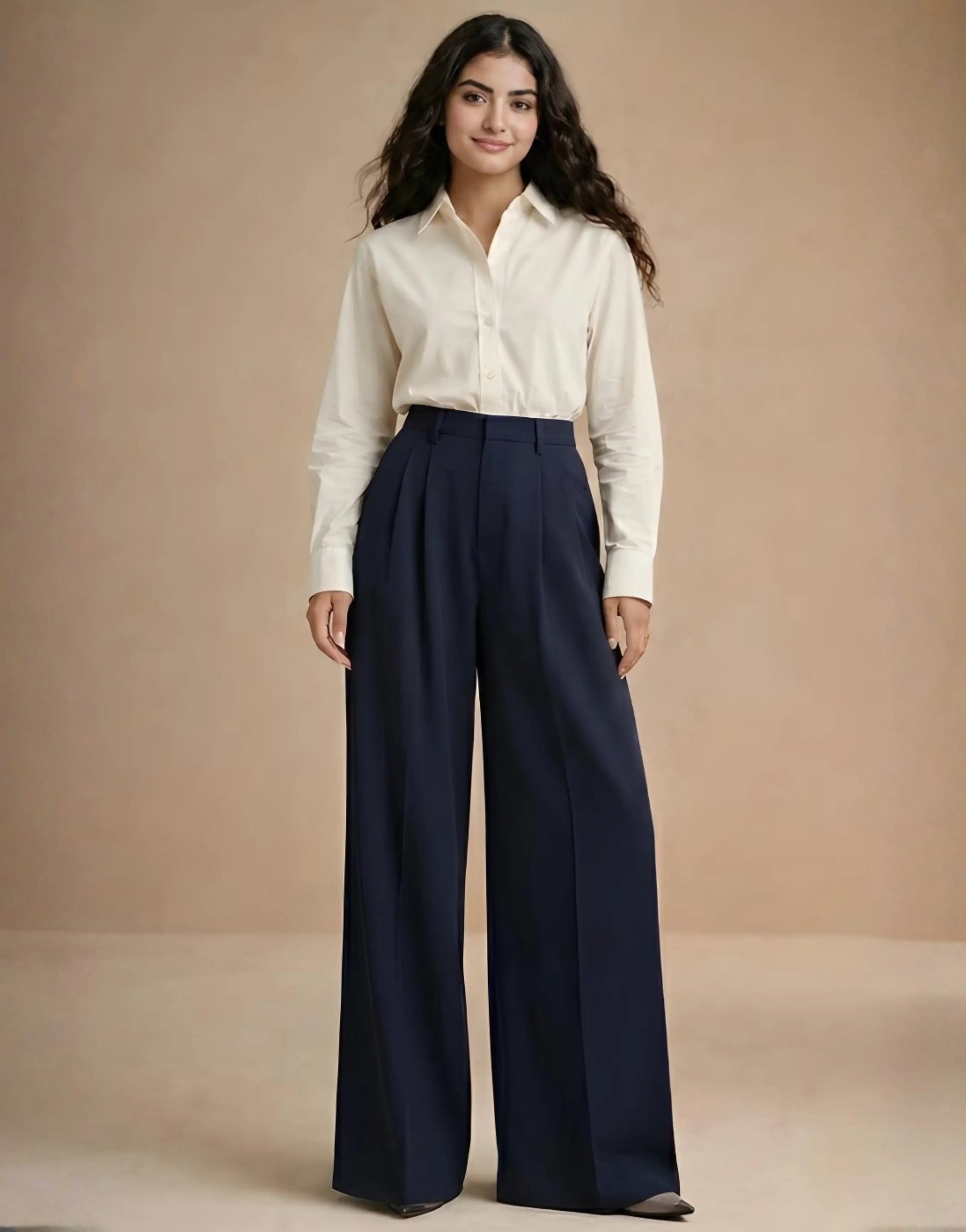 SGW Navy Blue Tailored Wide-Leg Pants with Elastic Back Belt