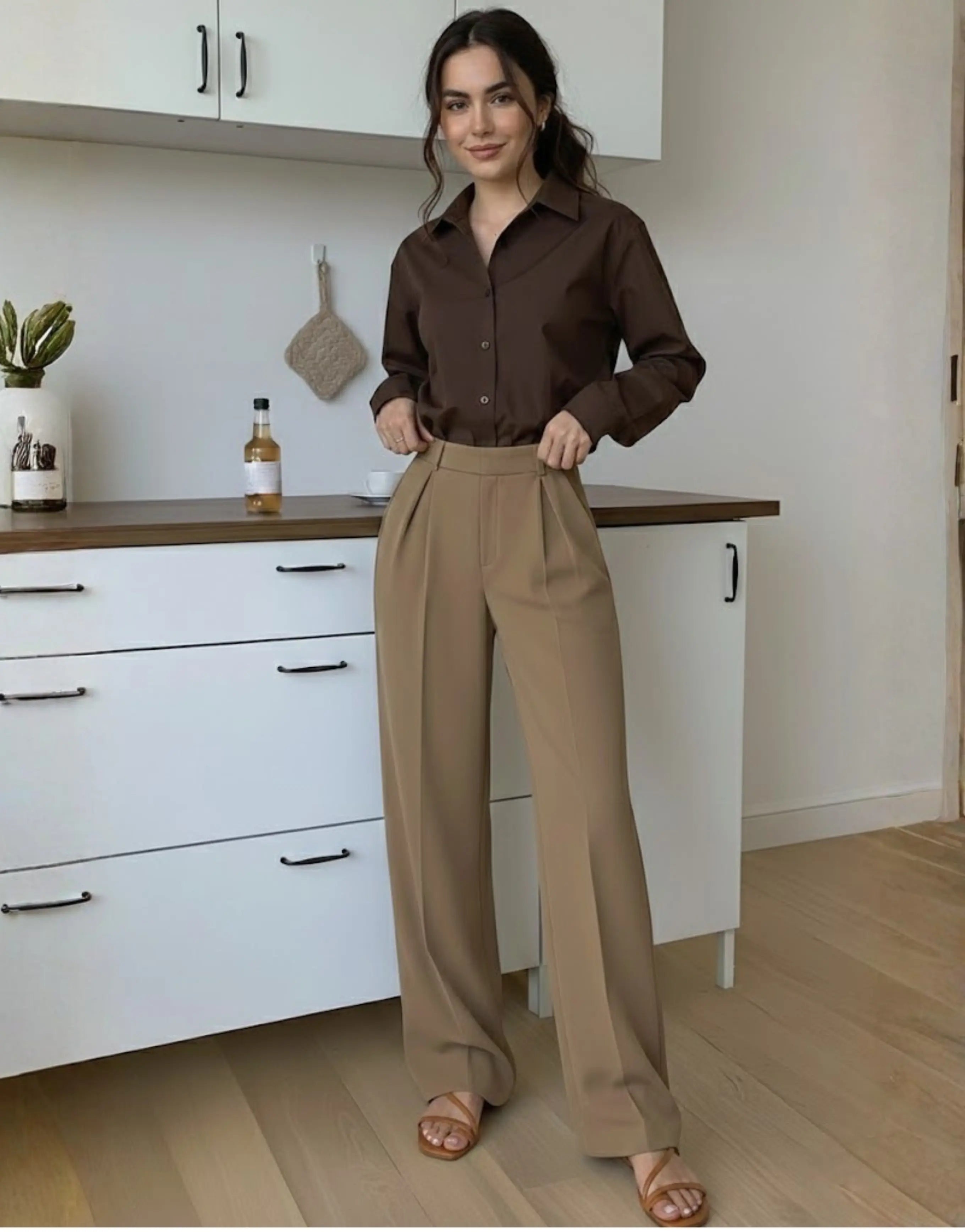 SGW Beige Tailored Wide-Leg Pants with Elastic Back Belt