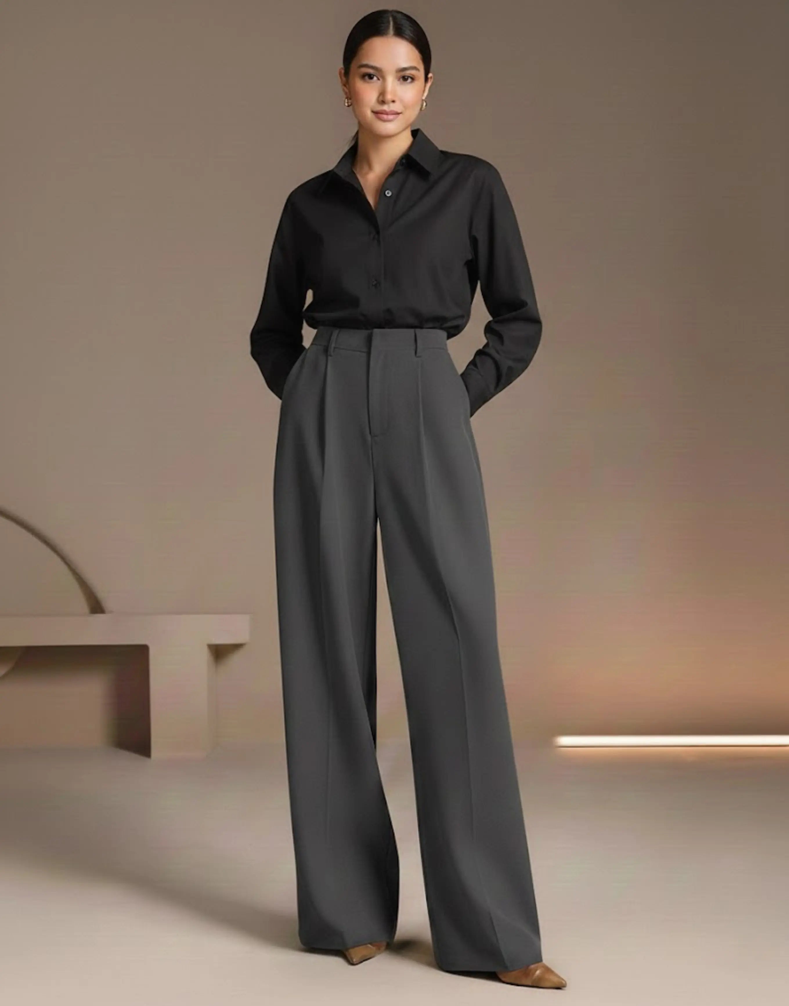 SGW Gray Tailored Wide-Leg Pants with Elastic Back Belt