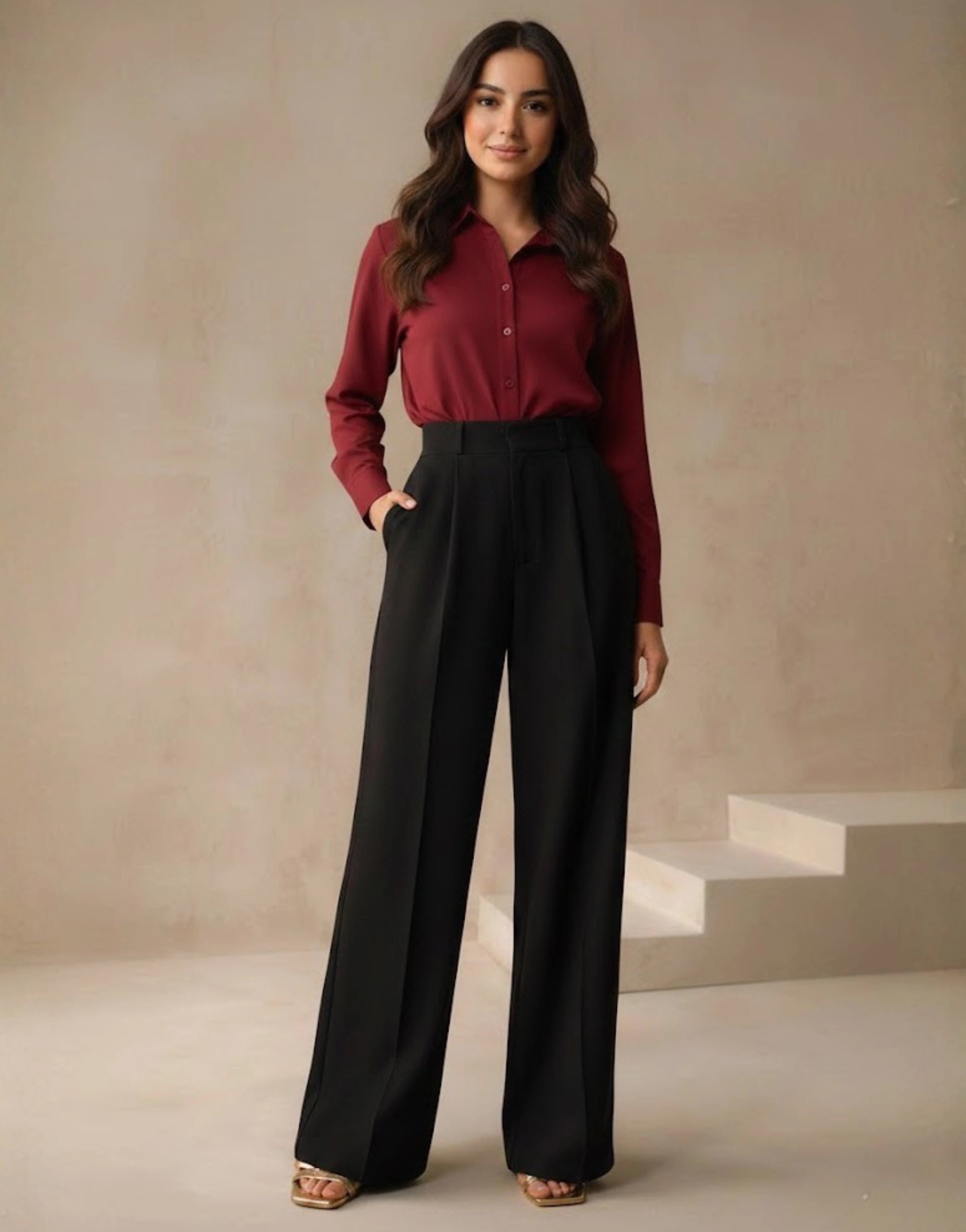 SGW Black Tailored Wide-Leg Pants with Elastic Back Belt
