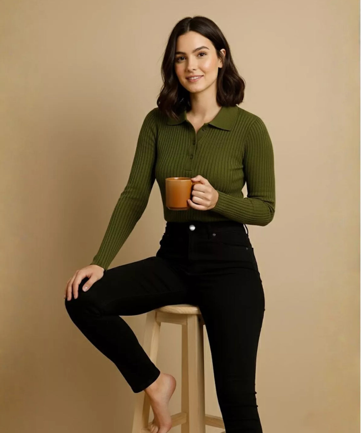 SGW Olive Green V Neck Knit Shirt - Half Button