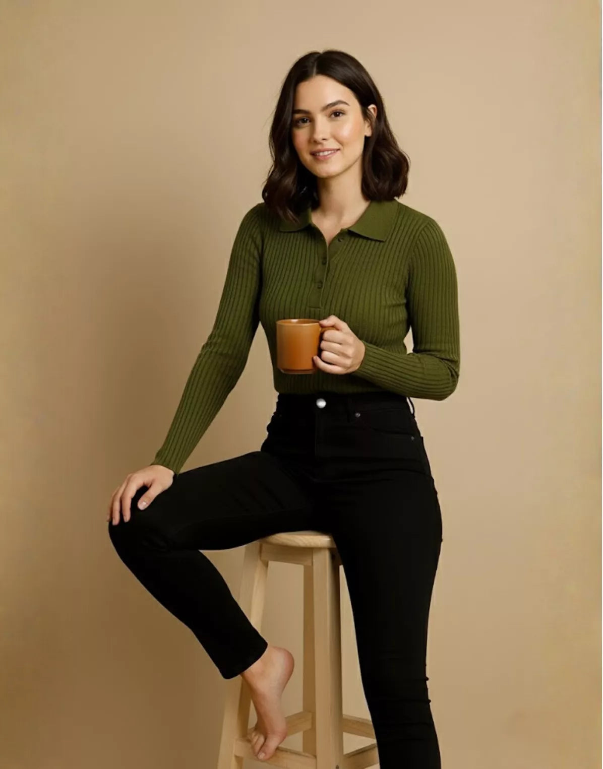 SGW Olive Green V Neck Knit Shirt - Half Button
