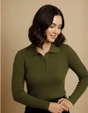 SGW Olive Green V Neck Knit Shirt - Half Button