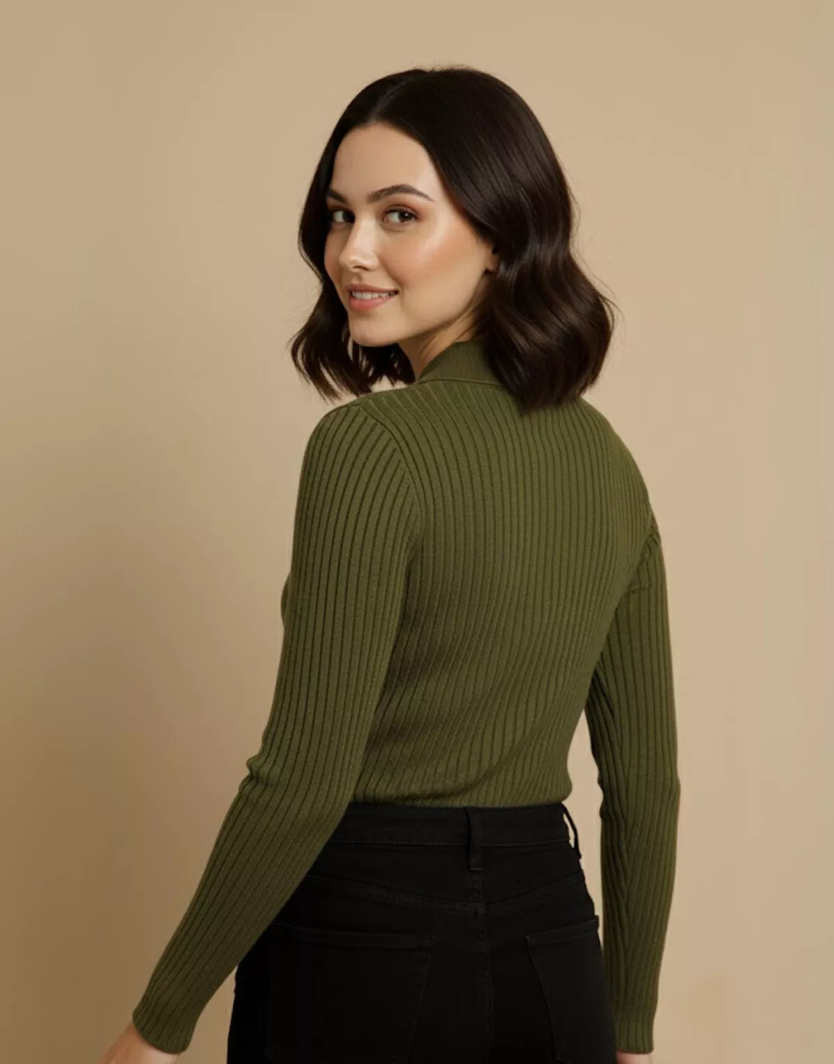 SGW Olive Green V Neck Knit Shirt - Half Button
