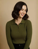 SGW Olive Green V Neck Knit Shirt - Half Button