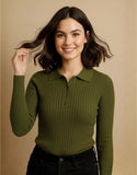 SGW Olive Green V Neck Knit Shirt - Half Button