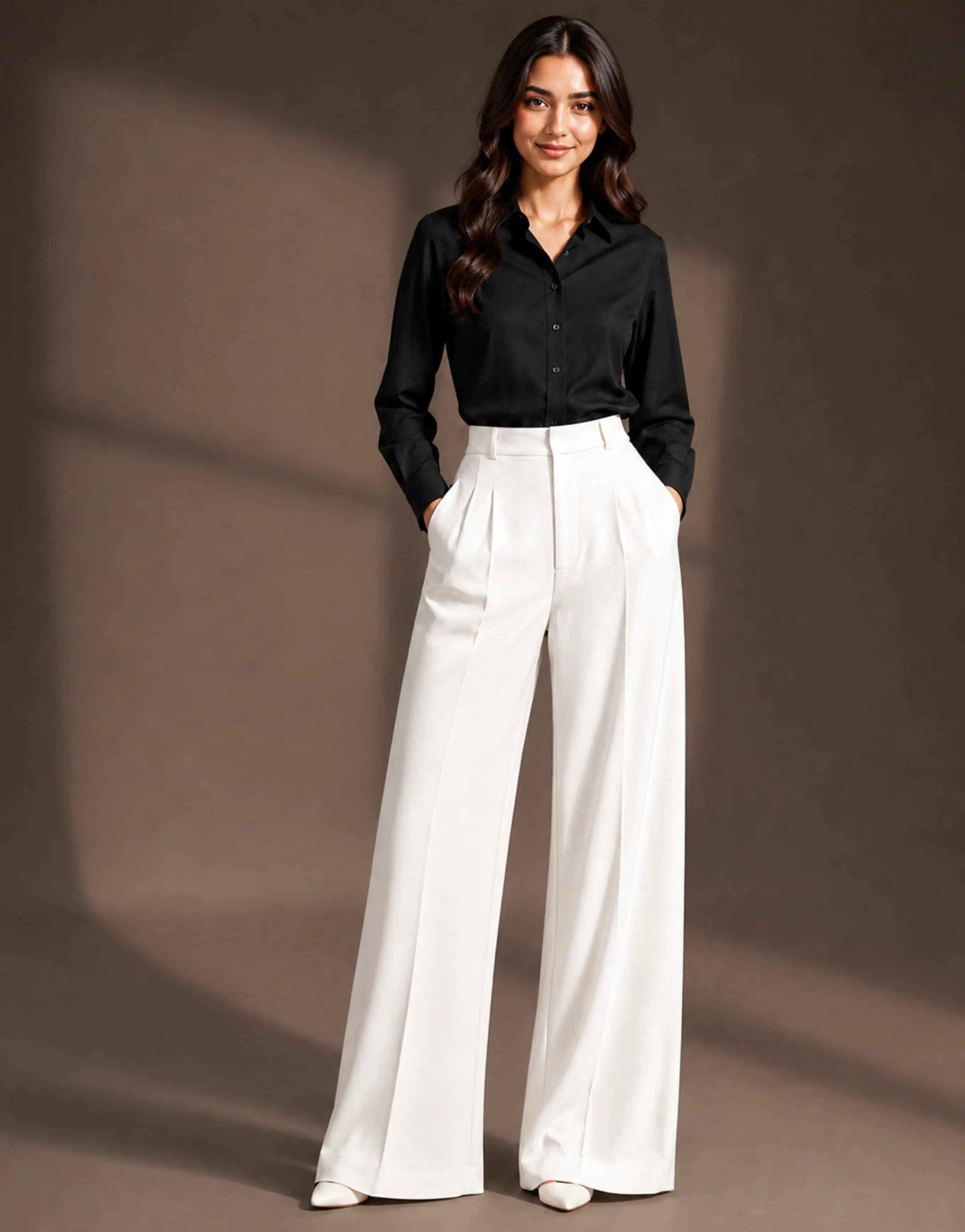 SGW White Tailored Wide-Leg Pants with Elastic Back Belt - SelectGraceWear