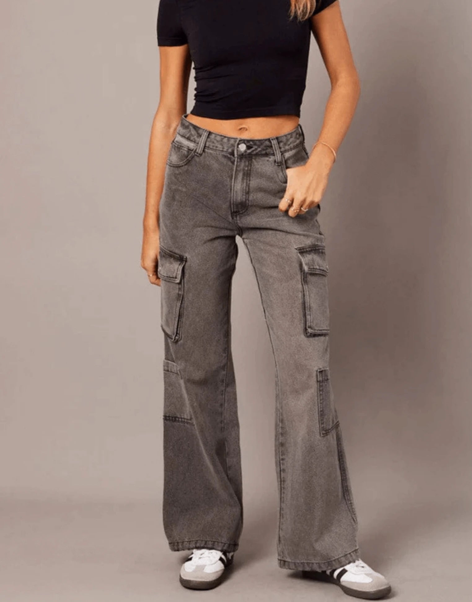 SGW - Vintage  Grey Cargo High-Waisted Wide-Leg Jeans